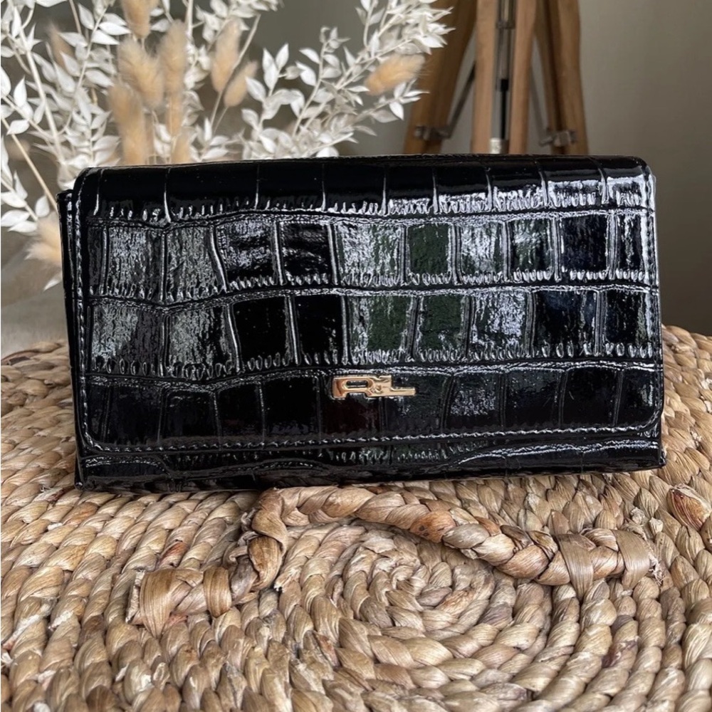 RALPH LAUREN Notorious Clutch Bag Black Patent Croco Clutch Bag Mirror Inside - Picture 2 of 9